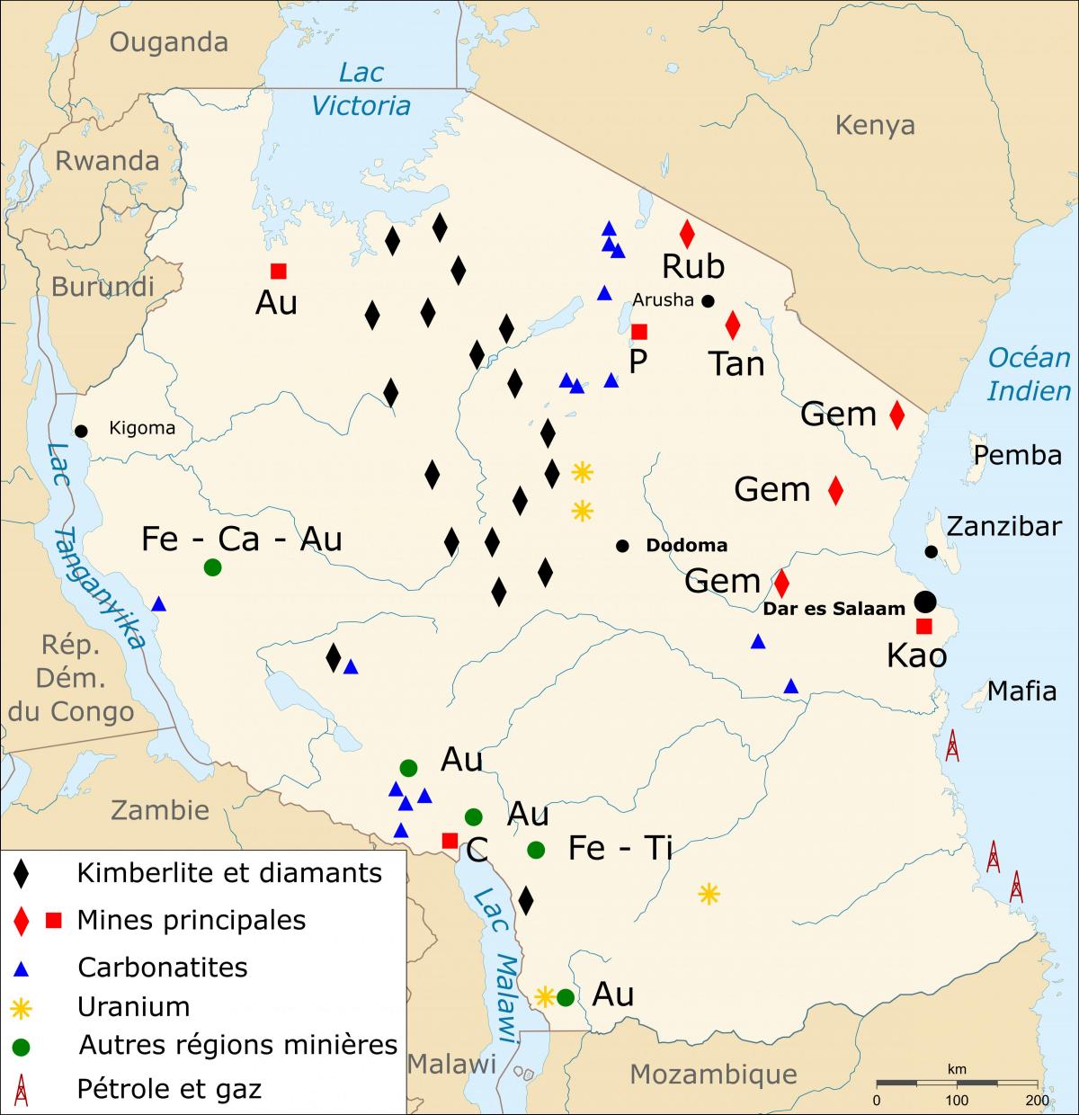 Xəritə təbii sərvətlər Tanzaniya