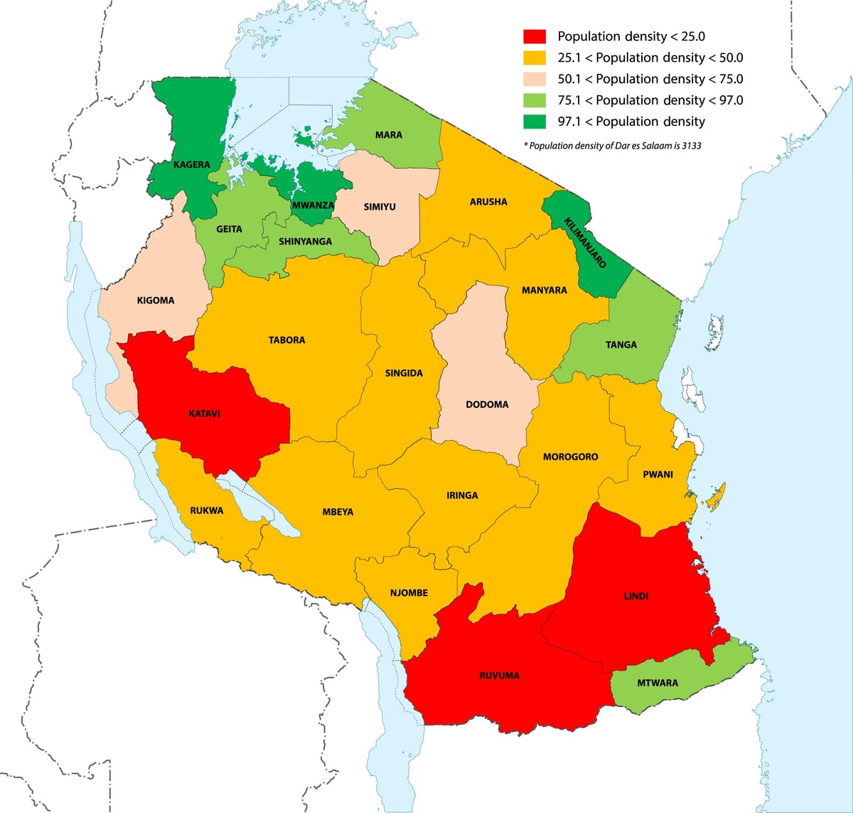 əhali sıxlığı Tanzaniya xəritədə