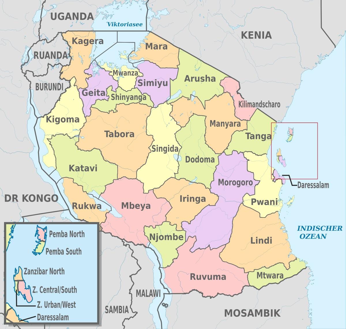 kart Tanzaniya göstərilməklə, regionların və rayonların