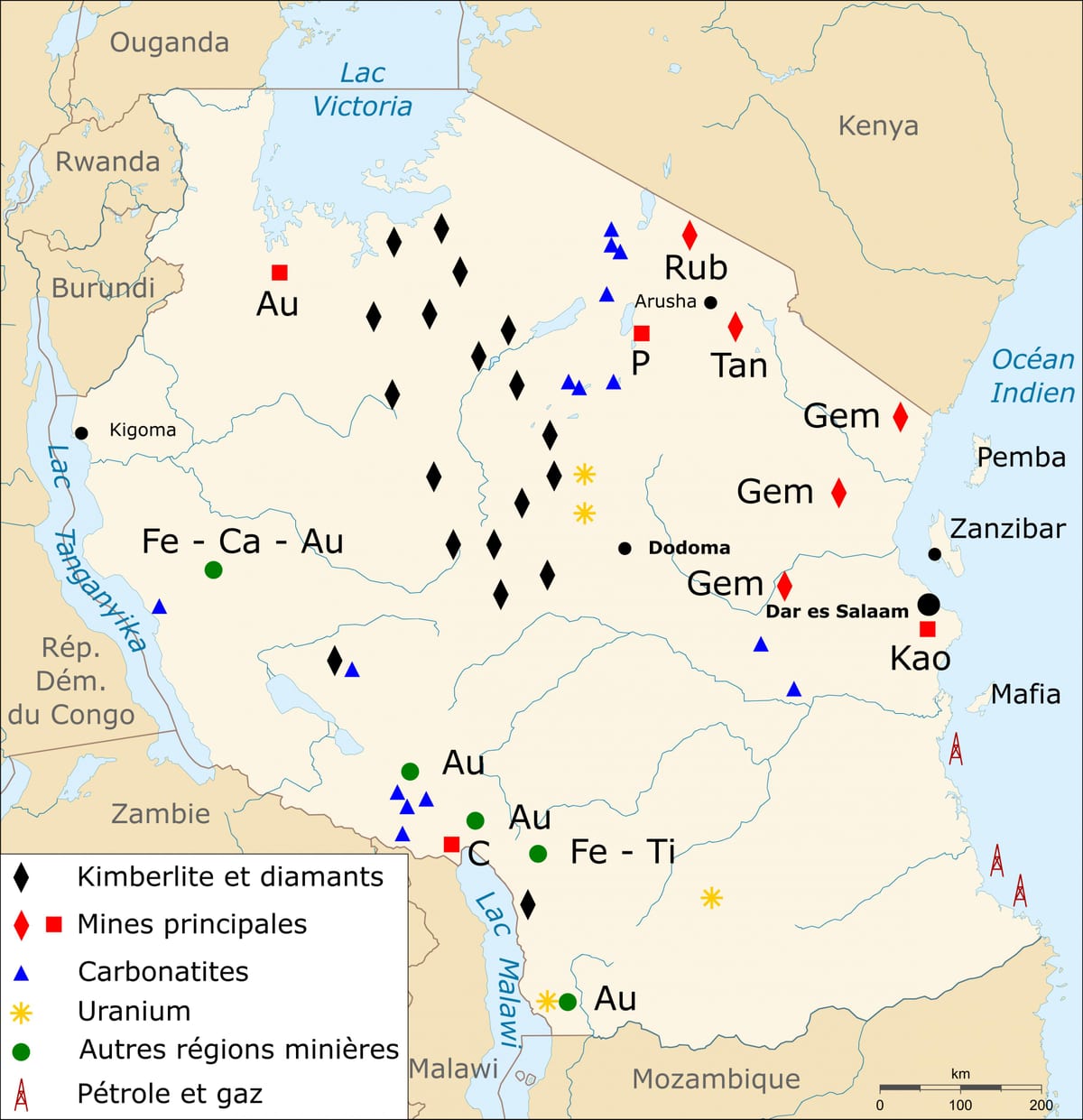 Xəritə təbii sərvətlər Tanzaniya