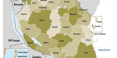 Kart Tanzaniya göstərir bölgələrdə
